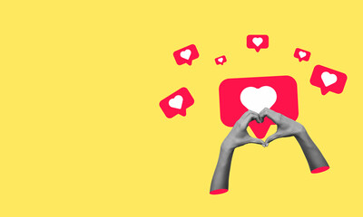Social media icons. Modern art collage of hands making a heart shape on a yellow background.