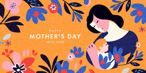 mother's day card. trendy banner, poster, flyer or cover with flowers, abstract floral pattern and m