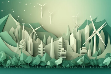 Wall Mural - Green energy city with wind turbine. Eco friendly city. Paper art Style generative Ai