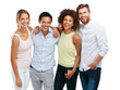 Diversity, people and friends laughing while standing together in friendship or community. Portrait of happy diverse group smiling with hug for community on isolated on a transparent png background