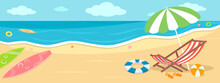 Happy Summer Sand Beach Banner Vector Illustration, Colorful Background Of Deck Chair, Umbrella, Swim Ring, Surfboard, Ball, Starfish, Shell On Sea Shore Coast, Bright Life Outdoor Activity Sunny Day
