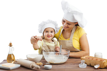 Poster - The beautiful young mother and her little daughter cooking