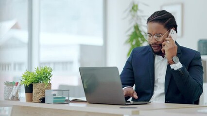 Poster - Laptop, business phone call and black man in office, talking or speaking to contact online. Typing, computer and professional person with cellphone for happy conversation, discussion or negotiation