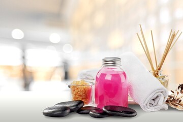 Poster - Cosmetic concept.Bath accessories on Bathroom desk