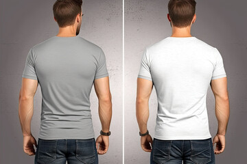 T-shirt design - young man in blank white and gray tshirt rear isolated. Ai generative