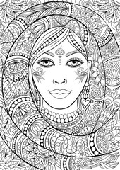 Wall Mural - Indian woman face portrait with ornamental bakground in zentangle style, adult coloring book page