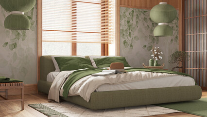 japandi bedroom with wallpaper and wooden walls in green and beige tones. parquet floor, master bed,