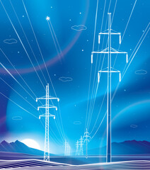 Wall Mural - High voltage transmission system. Electricity. Neon glow. City energy infrastructure. Night landscape. Power lines. Network interconnected electrical. White otlines on blue background. Vector design