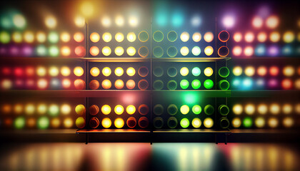 Wall Mural - Blurred Background Abstract Bokeh Shelving unit in Shopping store supermarket look at the lights. background, copy space, Generative AI, illustration