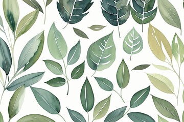 Green leaves on a white background, floral design. Watercolor drawn botanical watercolor painting, generative ai