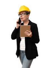 Wall Mural - Engineer woman talking on the phone holding a tablet on white background