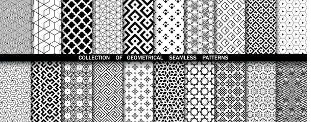 Geometric set of seamless black and white patterns. Simpless vector graphics