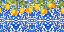 Lemons On A Branch And Sicilian Majolica Seamless Horizontal Pattern. Watercolor Hand Drawn Background In Summer Italian Style. Postcard With Azulejo Elements.