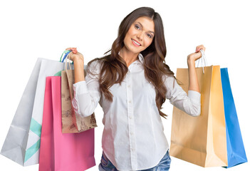 Young woman with shopping bags isolated on white