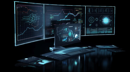 A computer room with multiple monitors and a display of data. AI