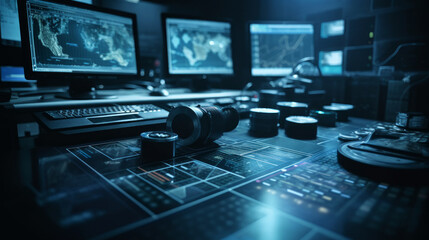 A computer room with multiple monitors and a display of data. AI