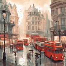 A London Painting Of Double Decker Buses On A City Street