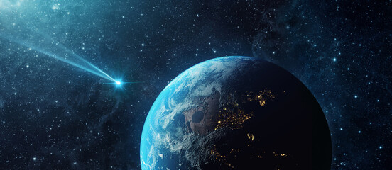 Wall Mural - comet, asteroid, meteorite flying to the planet earth. glowing asteroid and tail of a falling comet 