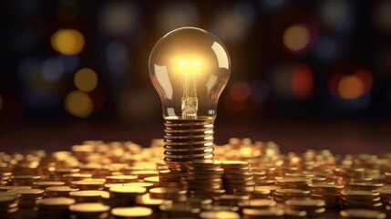 Rising energy cost concept. Light bulb on top of a stack of gold coins. Generative AI