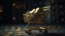 Shopping Trolly With Stack Of Gold Coins. Generative Ai