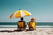 Couple Sitting Under A Multicolored Yellow Umbrella Stand On A Sandy Beach Against The Background Of Beautiful  Sea. Generative AI