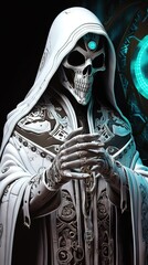 Wall Mural -  a skeleton dressed in a white robe and holding a ring in his hand with a glowing eye in the background of a black background with a glowing ring in the middle.  generative ai