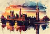 Fototapeta Fototapeta Londyn - Big Ben and Houses of Parliament in London, UK, reflected in the River Thames - popular tourist cities, tourism, watercolor style Generative AI