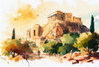 The Acropolis in Athens, Greece, with a watercolor cityscape in the background - popular tourist cities, tourism, watercolor style Generative AI