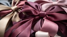  A Bunch Of Ribbons That Are On A White Tablecloth With A Bow On Top Of It, All Tied Together, All In Different Colors Of The Same Ribbon.  Generative Ai