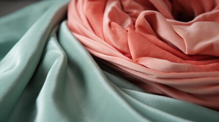  a close up of a pink and mint green scarf with a knot on it's end and a knot on the end of the end of the scarf.  generative ai
