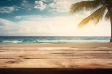 Wall Mural -  a wooden table with a view of the ocean and a palm tree in the foreground with a blue sky and clouds in the background.  generative ai