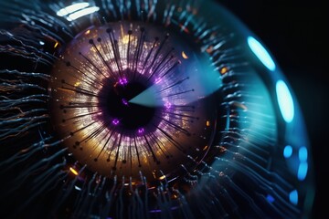 Fiber optics background, close up of human eye. High technology. generative ai