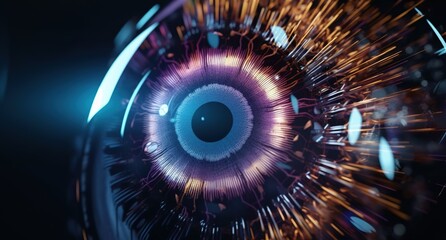 Wall Mural - Fiber optics background, close up of human eye. High technology. generative ai