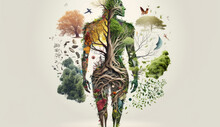 Human Body Shape Made Of World Of Green Environment Forest, Tree, Plants, Animal Wildlife, Biome Inside The Body Part, Earth Day Concept, Protection And Awareness Planet, With Generative Ai.