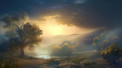 Wall Mural - a painting of a river and trees in the distance with a sunbeam in the sky above the water and a bird