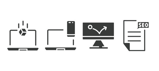 set of information technology filled icons. information technology glyph icons included simulation, cross-platform, advertising bounce, seo report vector.