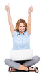 © Suresh/peopleimages.com - Laptop, thumbs up and portrait of woman on the floor for success, excited and thank you. Smile, work and sign of a female worker celebrating good news or email isolated on transparent png background