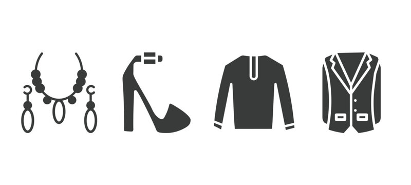 set of clothes and outfit filled icons. clothes and outfit glyph icons included jewelry, platform sandals, nylon jacket, oxford wave blazer vector.