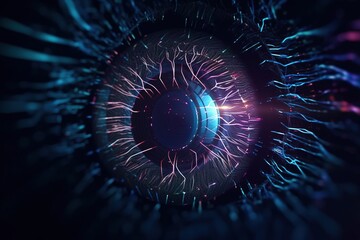 Wall Mural - an eye with glowing neon lights. abstract futuristic background. generative ai