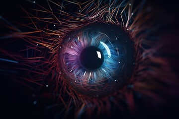 Wall Mural - an eye with glowing neon lights. abstract futuristic background. generative ai