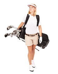 Canvas Print - Golf, sports and walking with a woman for a hobby, recreation or training. Sport, clubs and a female golfer carrying a bag while in a uniform and thinking isolated on a transparent png background