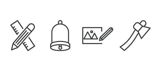 set of tools and utensils thin line icons. tools and utensils outline icons included carpentry, hanging bell, edit picture, hand axe vector.