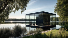 Modern Summer House By The Lake, Glass And Steel Architecture, Minimalist Garden, Serene And Luxurious, Generative AI