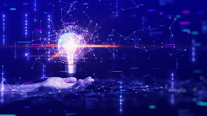 Poster - businessman holding light bulb creative connection of futuristic technology internet network polygons. Collect innovative new ideas and develop global marketing strategy on a dark blue background.