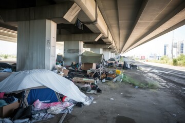 Homeless camps with tents and tarp shelter under a bridge. Generative ai