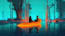 Neon Virtual World Couple Reaxing And Enjoyin In A Boat