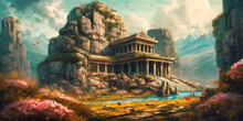 Beautiful Landscape Of An Old Ancient Temple And A Mountain