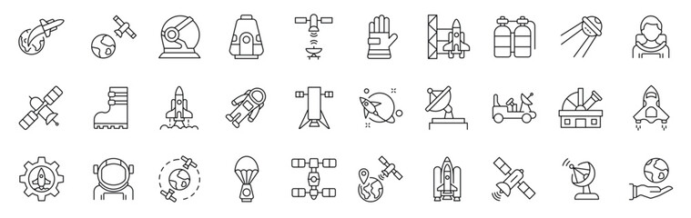 set of 30 icons related to space and astronomy. outline symbols collection. editable stroke. vector 
