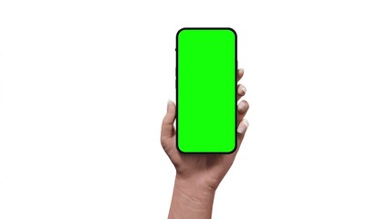 Wall Mural - A woman is holding a smartphone with a blank screen in her hand, and the camera is smoothly rotating over the device's casing. The video includes clipping masks and a screen track layer - chroma key