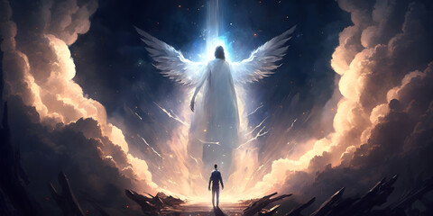 Wall Mural - astral silhouette of human in cosmic space meditate. back view man fly transcendental spiritual medi